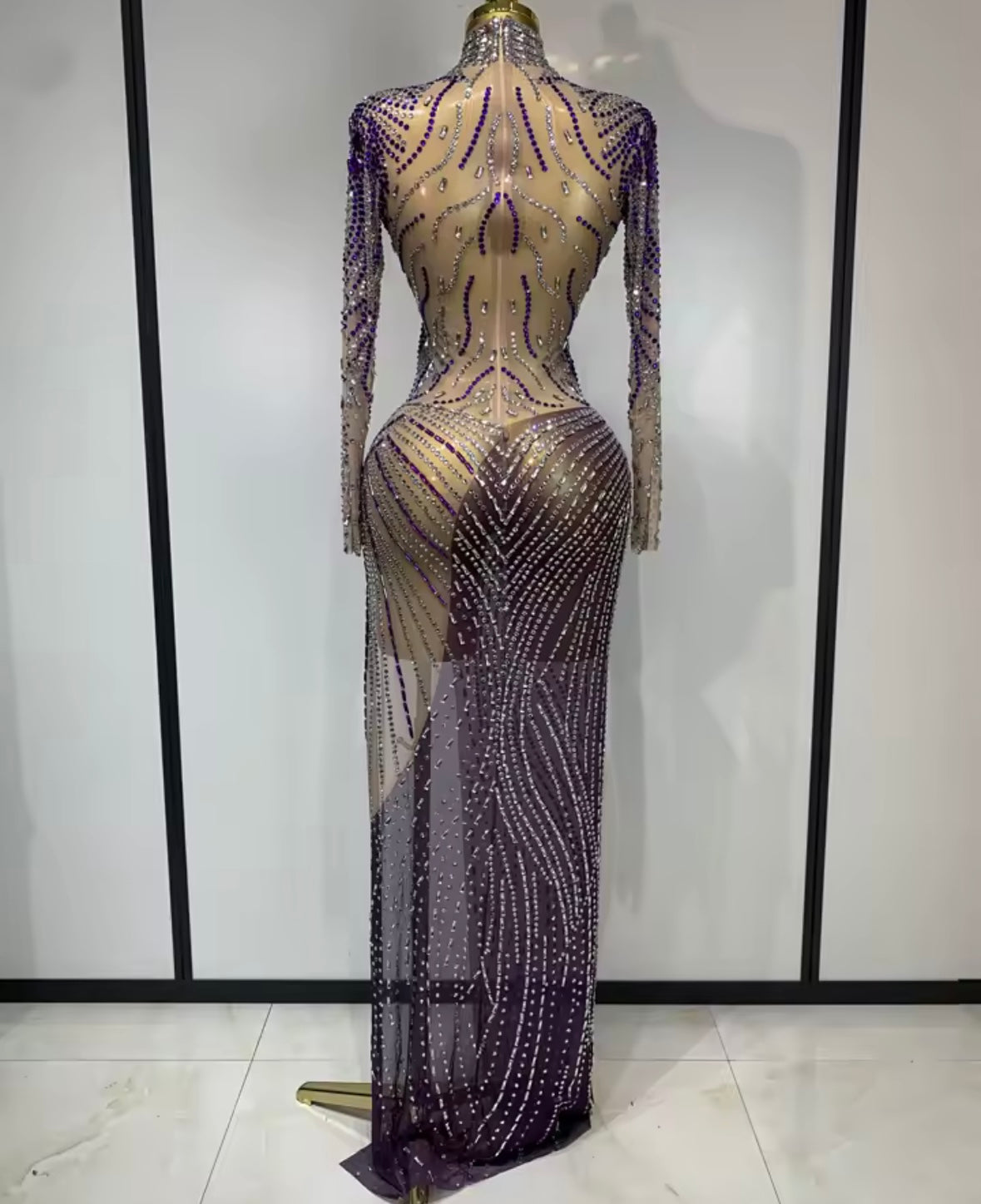 Sexy Color Rhinestone Full Sleeve Side Split Floor-Length Dress