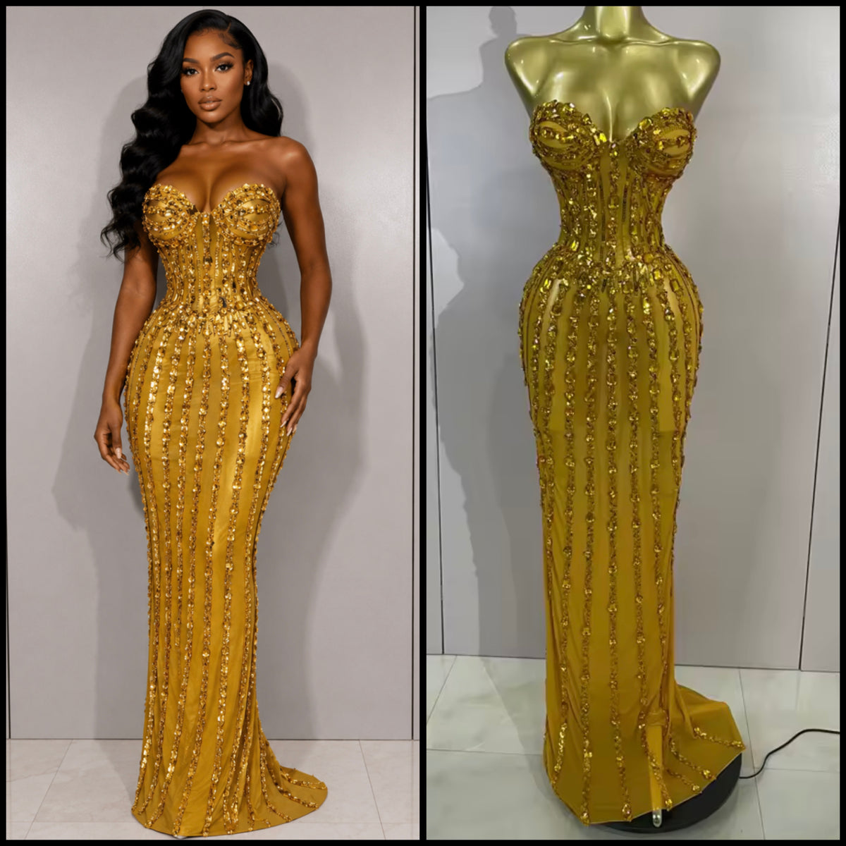 Red Sexy Strapless Crystal See Through Floor-Length Dress