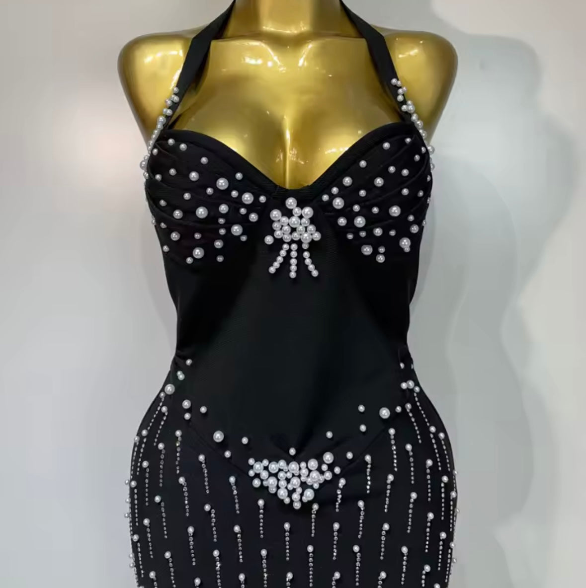 Black Halter Sleeveless Sexy Pearl Embellishment Maxi Dress