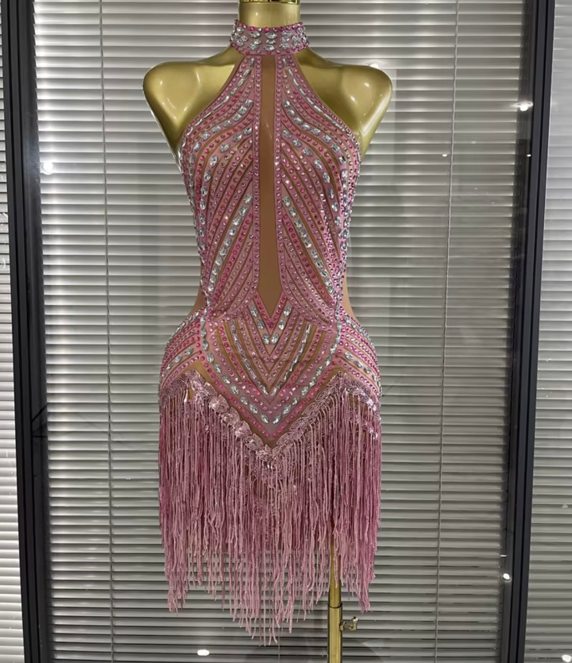 Pink Halter Sleeveless Rhinestone Fringe Tassel Sexy Dress