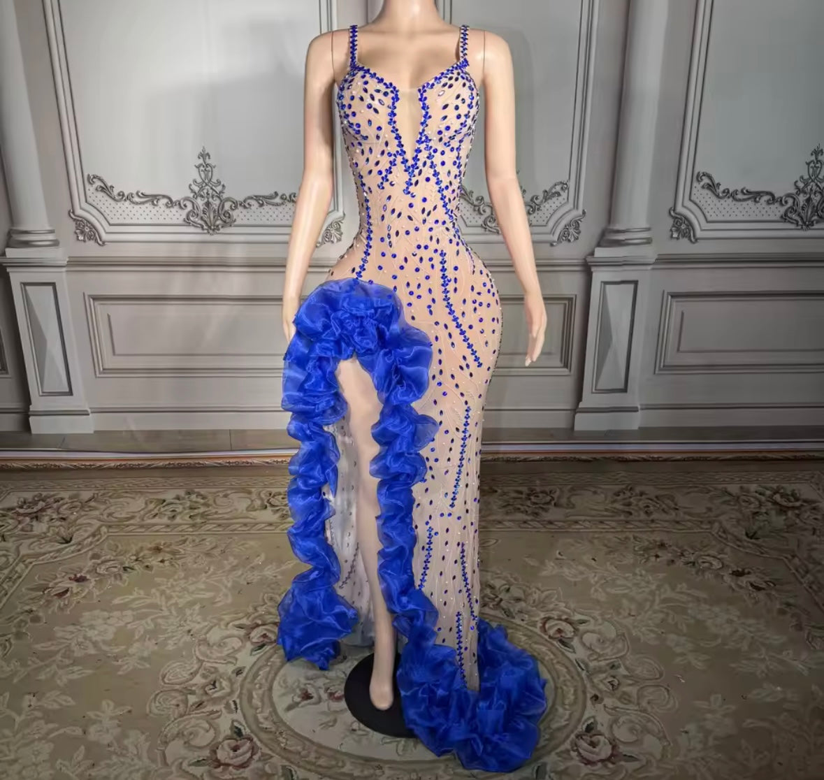 Sexy Sleeveless Blue Ruffle Rhinestone Side Split Maxi Dress