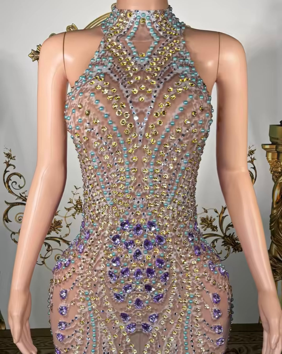 Elegant Beaded Rhinestone Sleeveless Floor-Length Dress