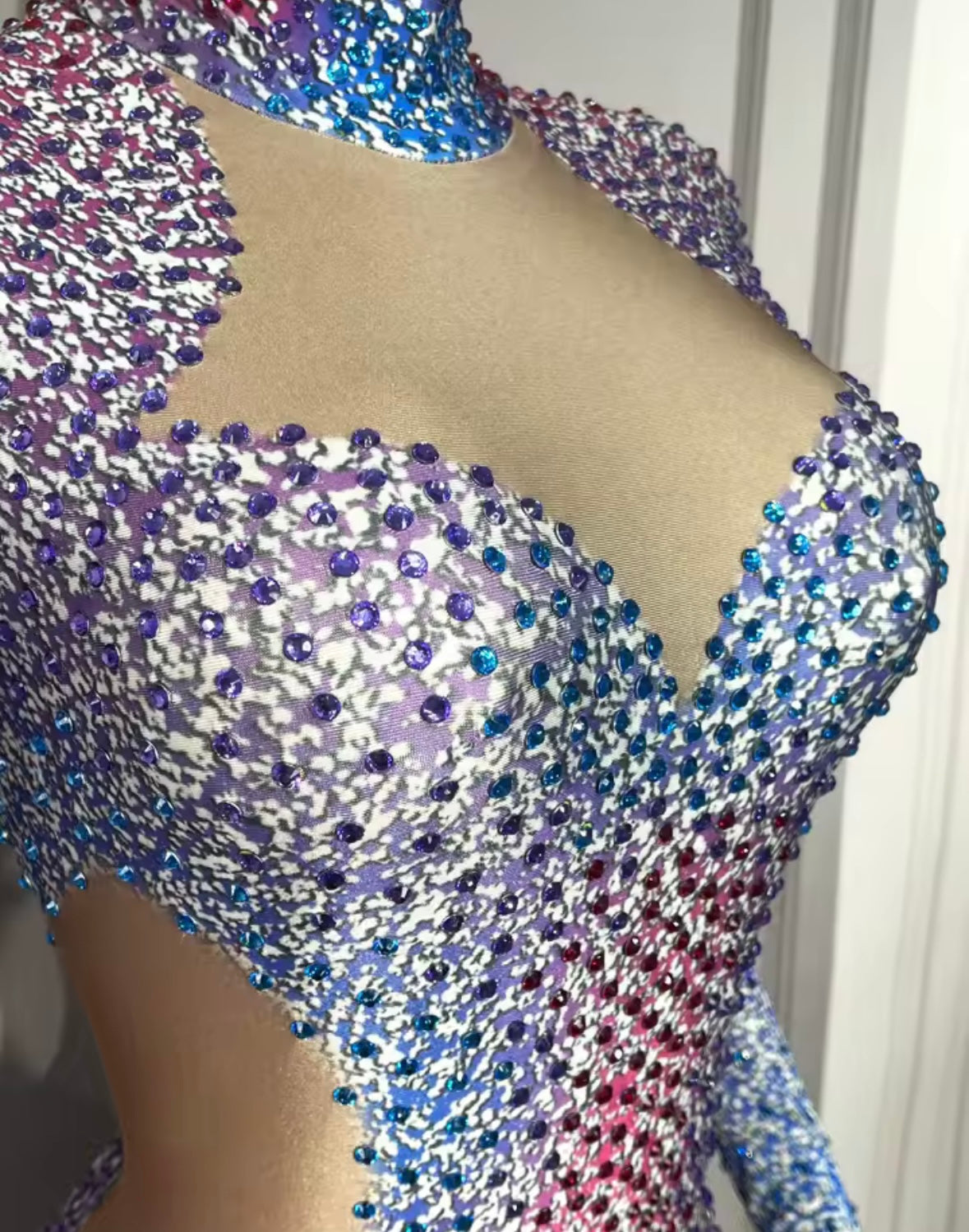 Sexy Multicolored Rhinestone Full Sleeve Jumpsuit