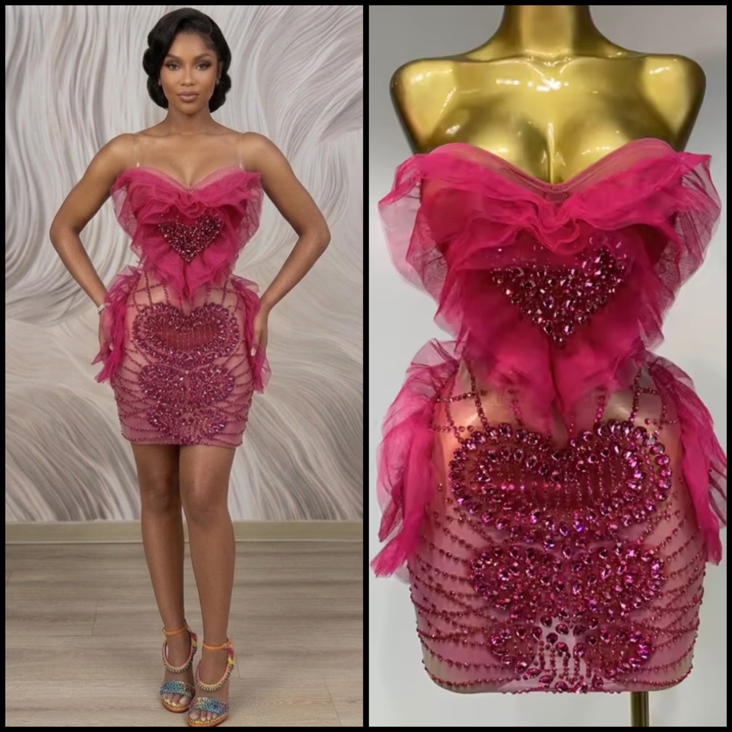 Sexy Pink Strapless Rhinestone Ruffle Short Dress