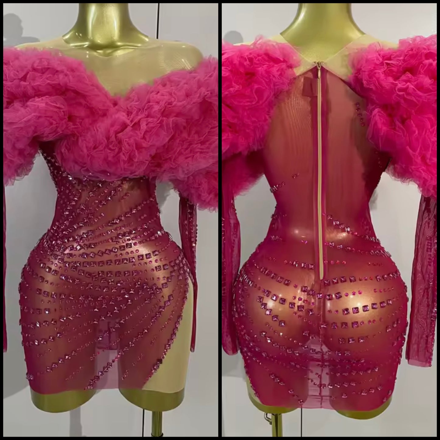 Pink Ruffle Off The Shoulder Sexy Rhinestone Dress