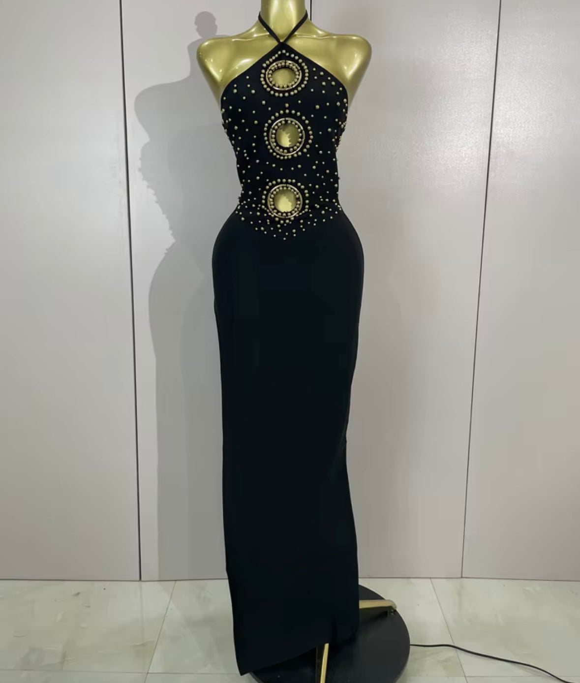 Sexy Black Beaded Halter Side Split Floor-Length Dress