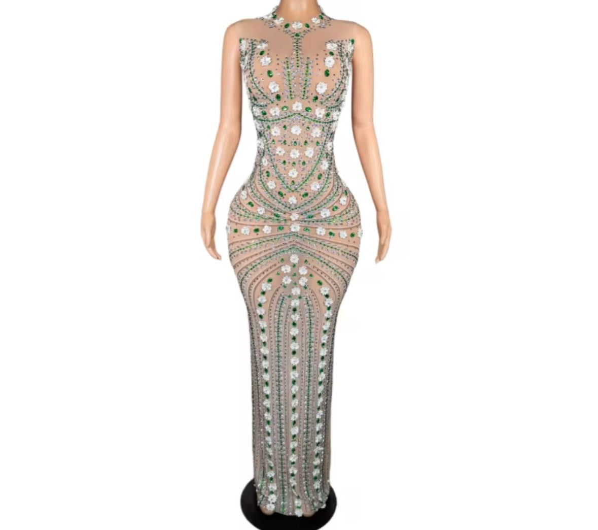 Sexy Sleeveless Floral Rhinestone Embellishment Maxi Dress