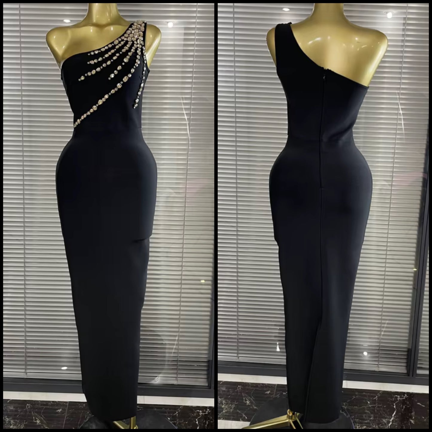 Sexy Black Rhinestone One Shoulder Sleeveless Maxi Dress