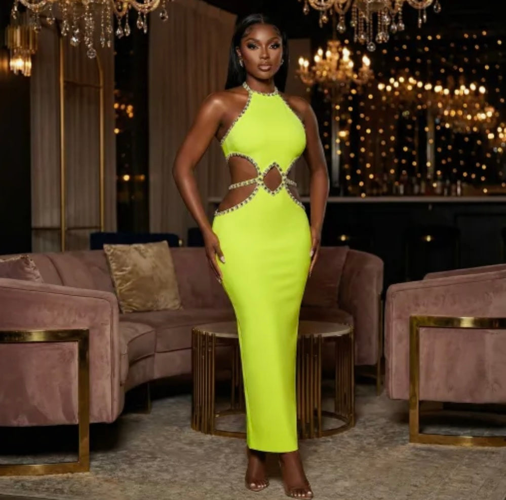 Yellow Beaded Sleeveless Hollow Out Elegant Maxi Dress