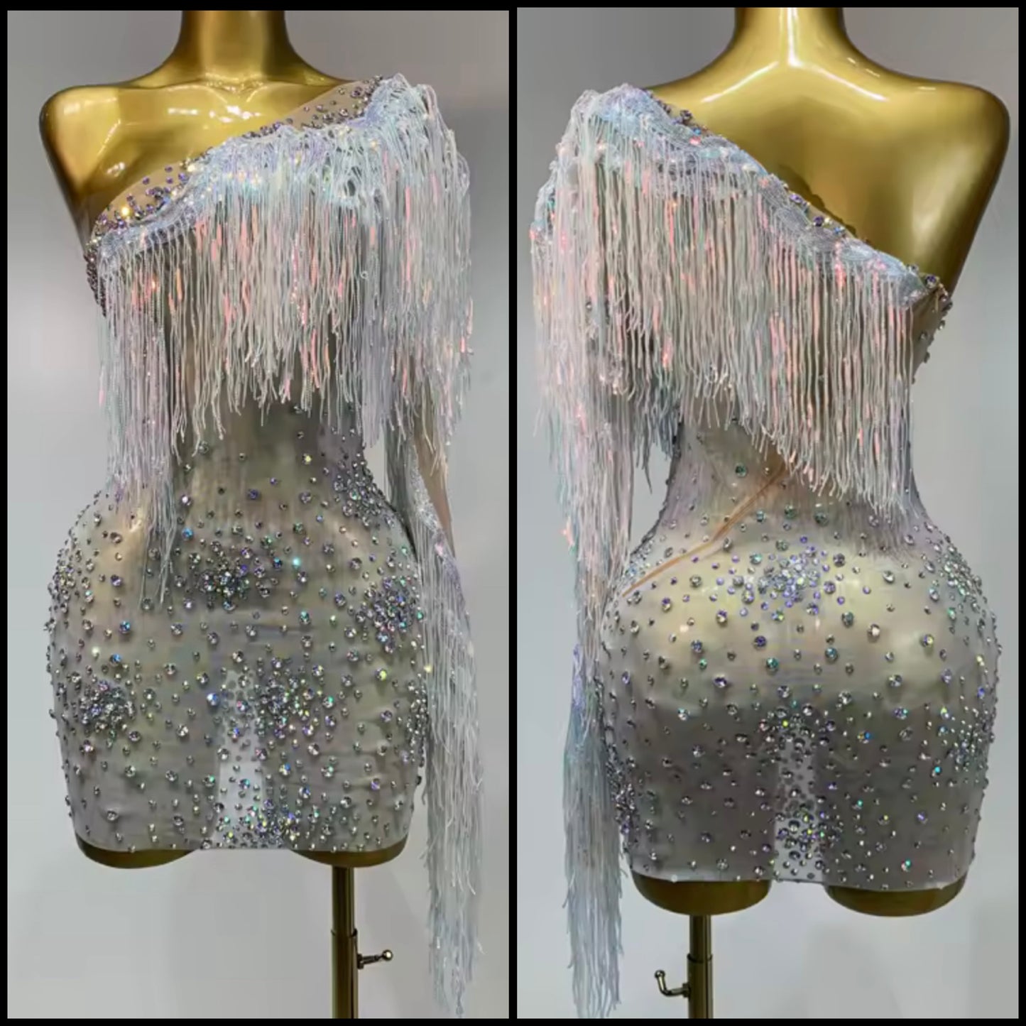 Sexy Silver One Shoulder Fringe Tassel Rhinestone Dress