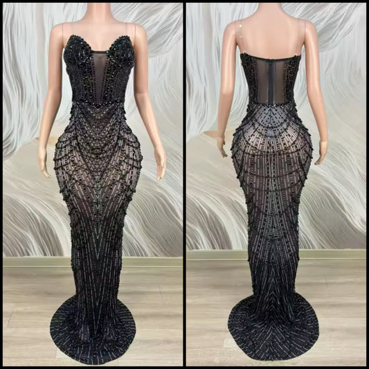 Black Sexy Strapless Beaded Crystal Floor-Length Dress