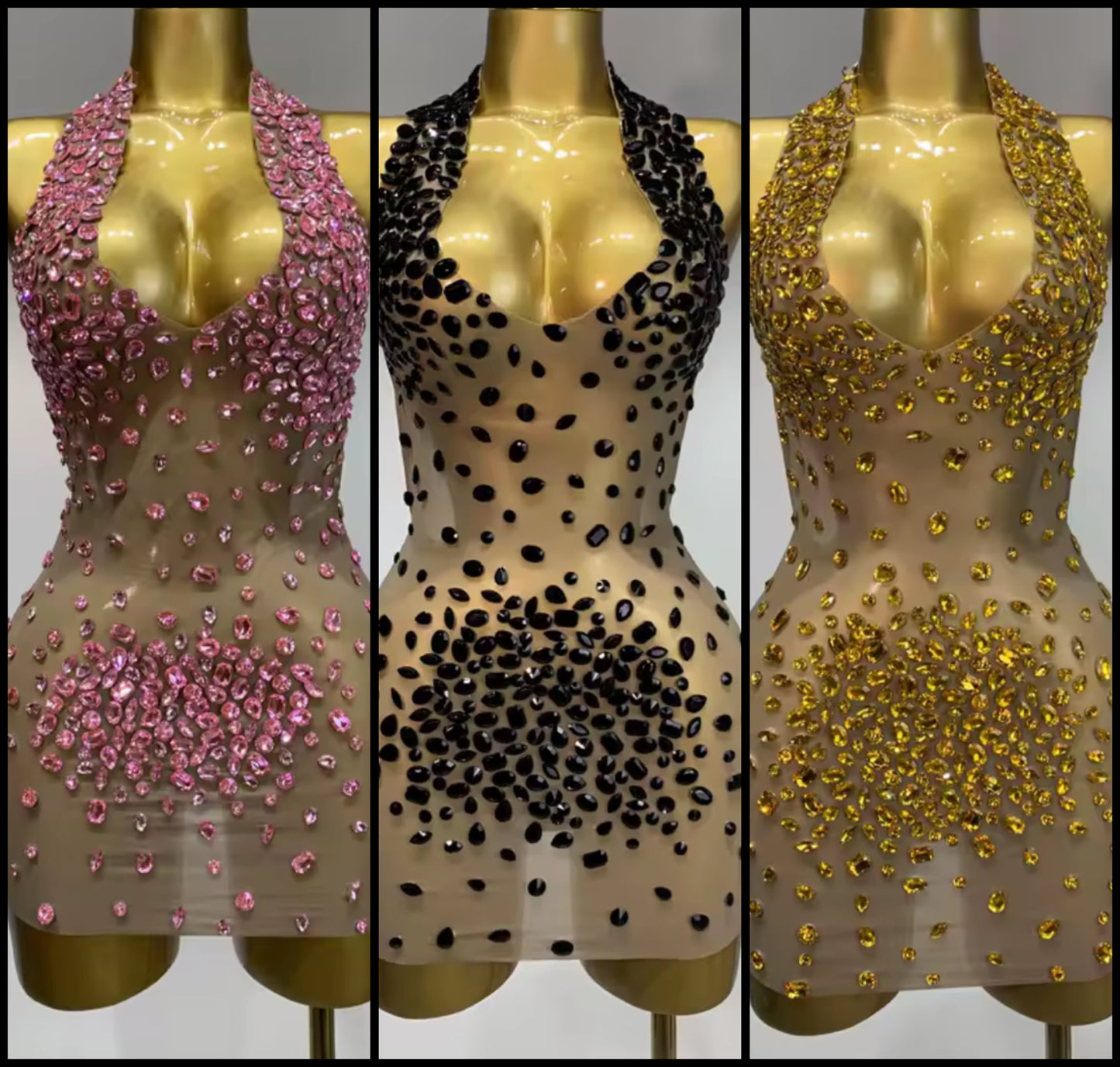 Sexy Halter Open Back Color Crystal See Through Dress