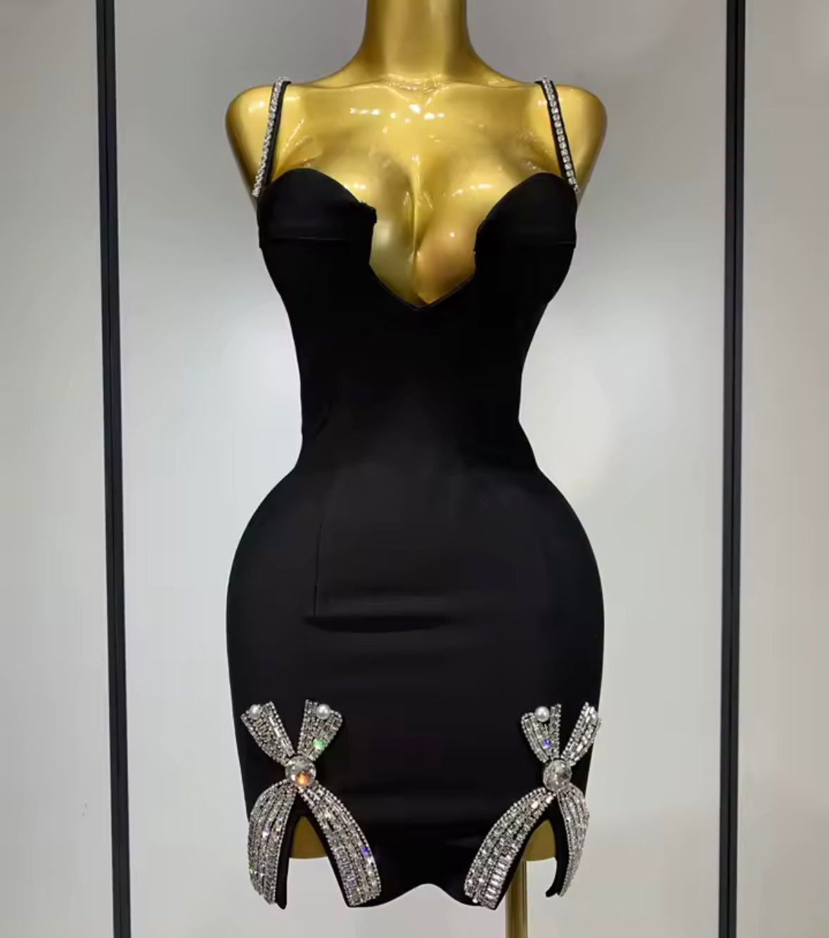 Black Sexy Sleeveless Bow Rhinestone Short Dress