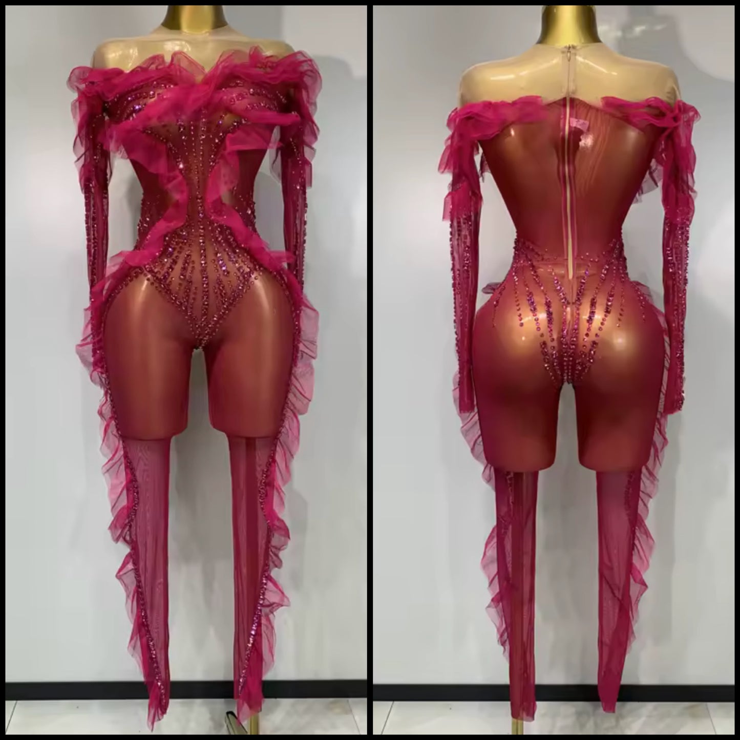 Pink Sexy Ruffled Rhinestone See Through Jumpsuit