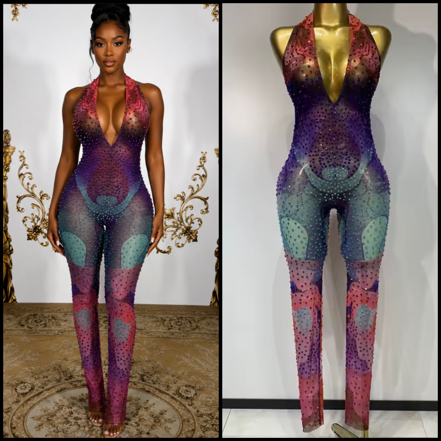 Halter Open Back See Through Colorful Rhinestone Jumpsuit