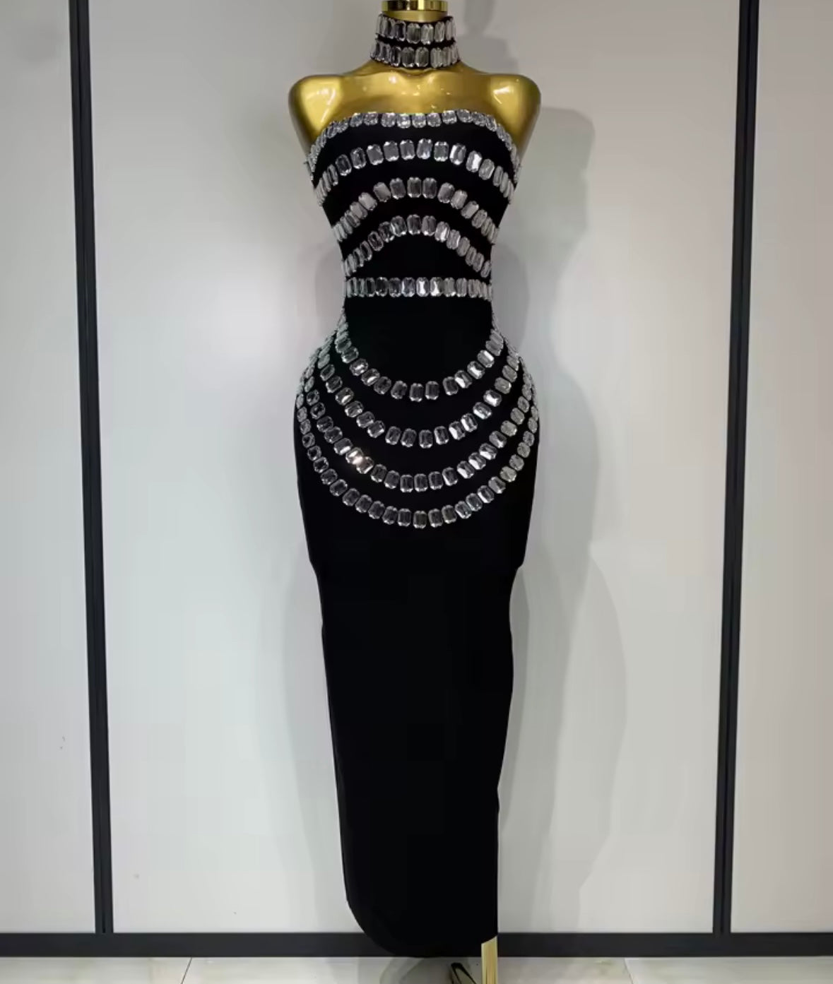 Sexy Crystal Choker Strapless Black Maxi Dress
