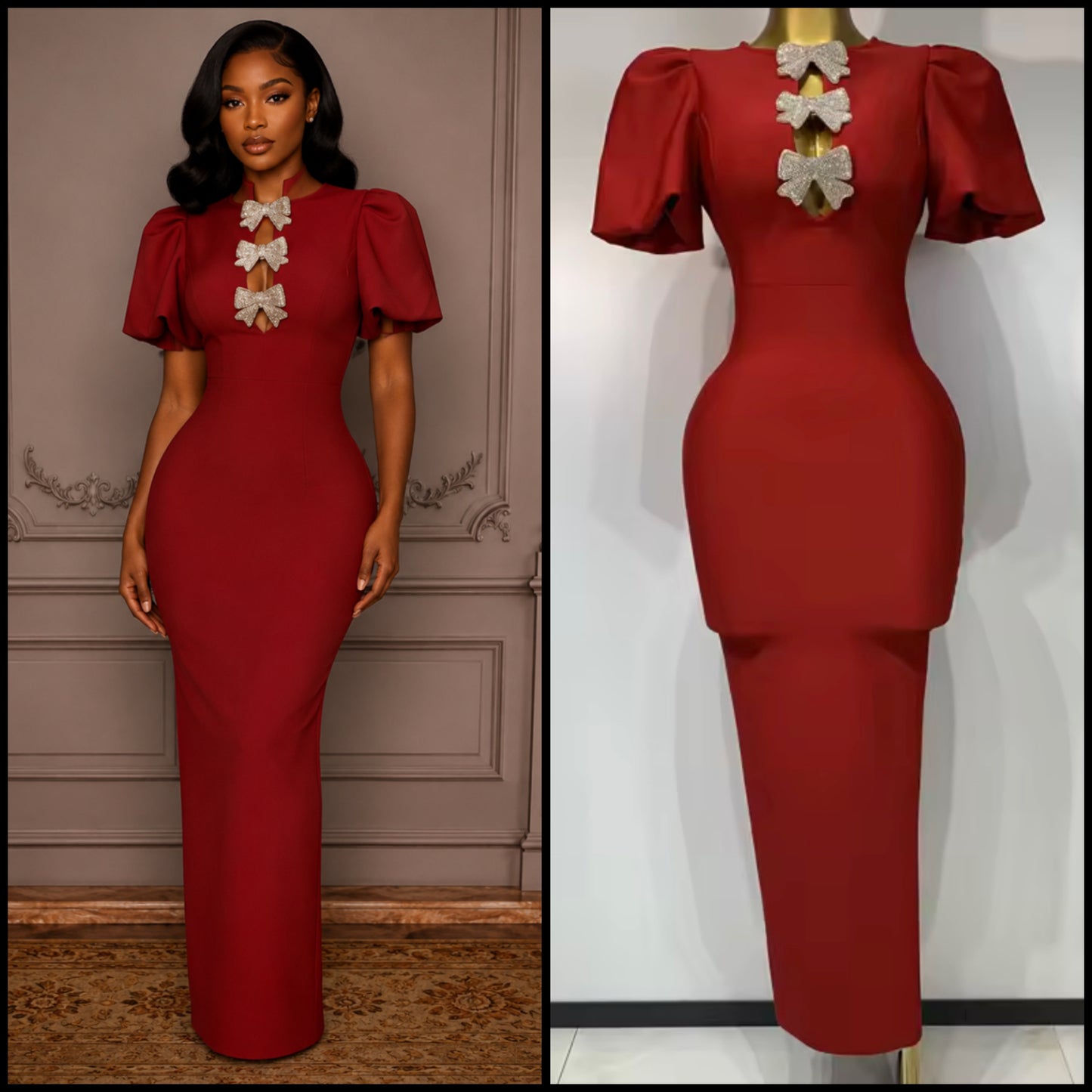 Elegant Red Rhinestone Bow Short Sleeve Maxi Dress