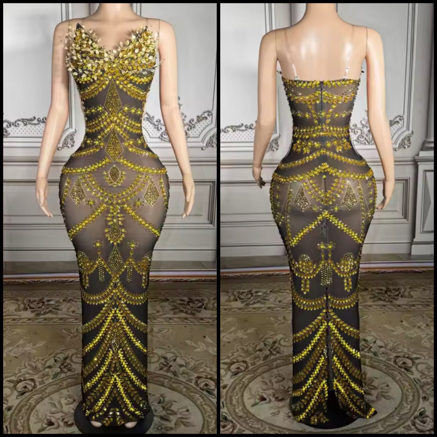 Black Sexy Sleeveless Gold Rhinestone Maxi Dress