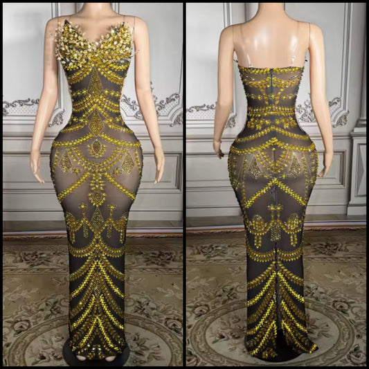 Black Sexy Sleeveless Gold Rhinestone Maxi Dress