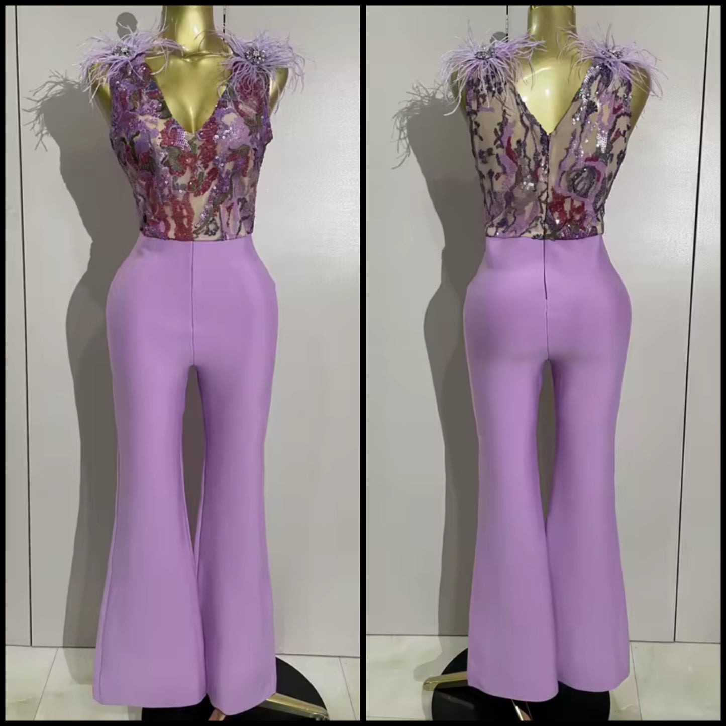 Sleeveless Sequins Feather Lavender Jumpsuit