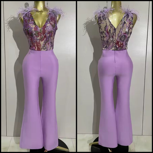 Sleeveless Sequins Feather Lavender Jumpsuit