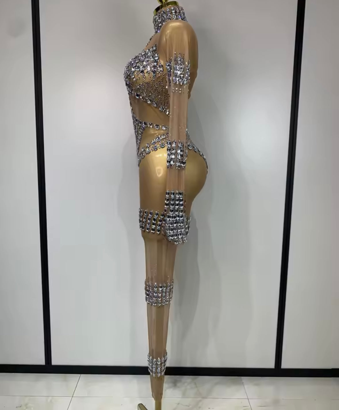 Nude Rhinestone Embellishment Full Sleeve Sexy Jumpsuit