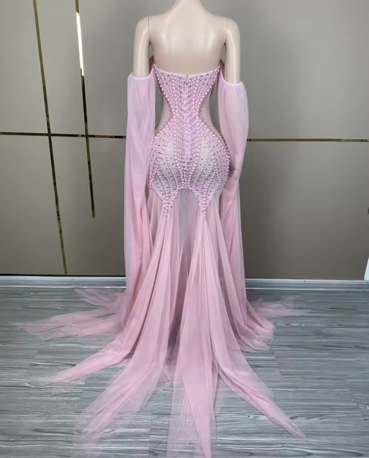 Sexy Strapless Beaded See Through Floor-Length Dress