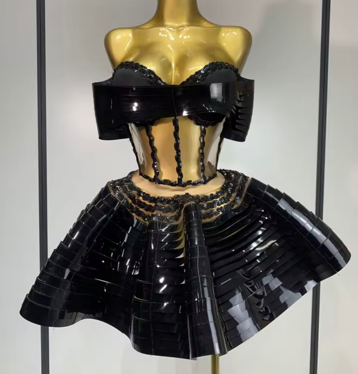 Sexy Bow Strapless Metallic Mesh Rhinestone Two Piece Skirt Set