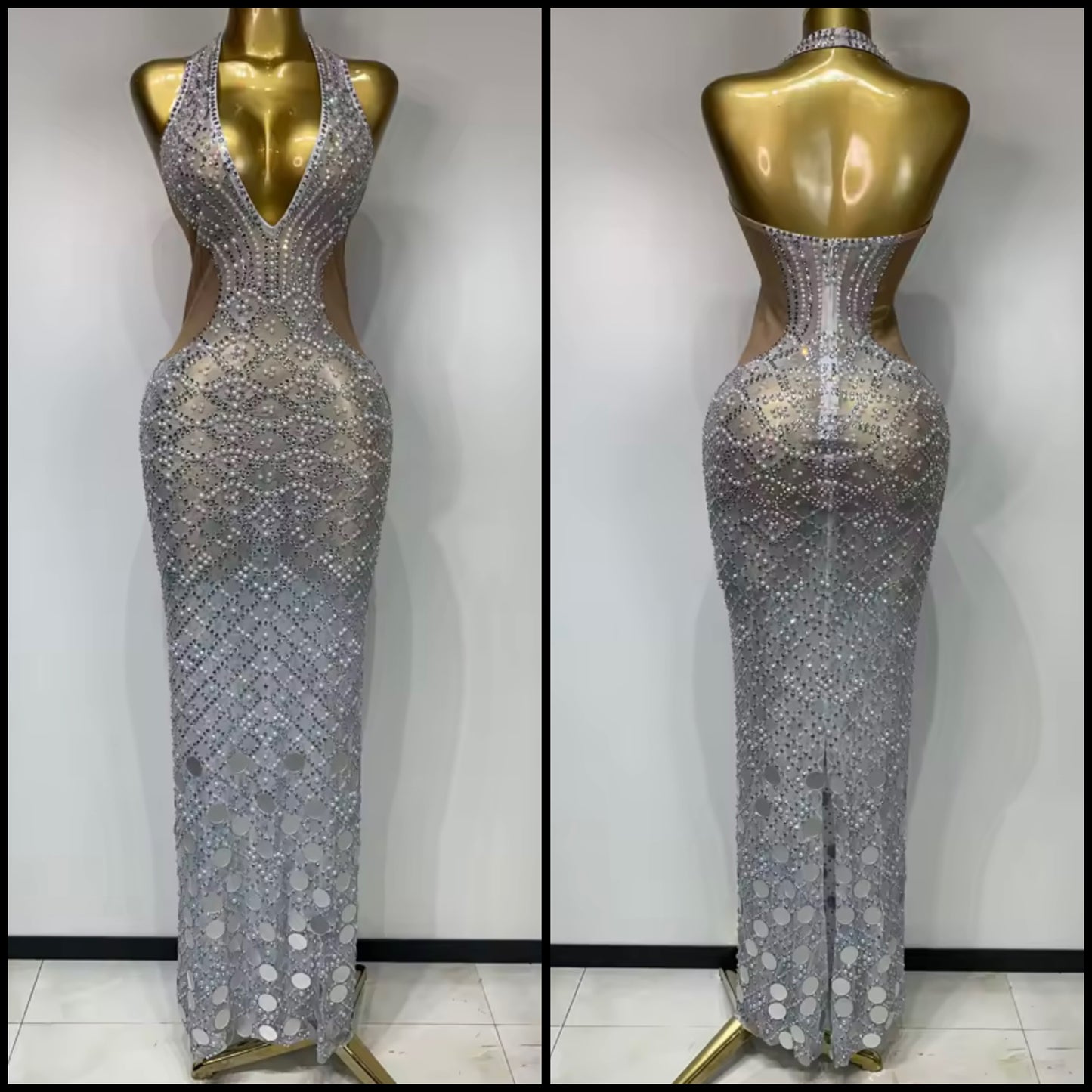Sexy Sleeveless Beaded Rhinestone Silver Dress