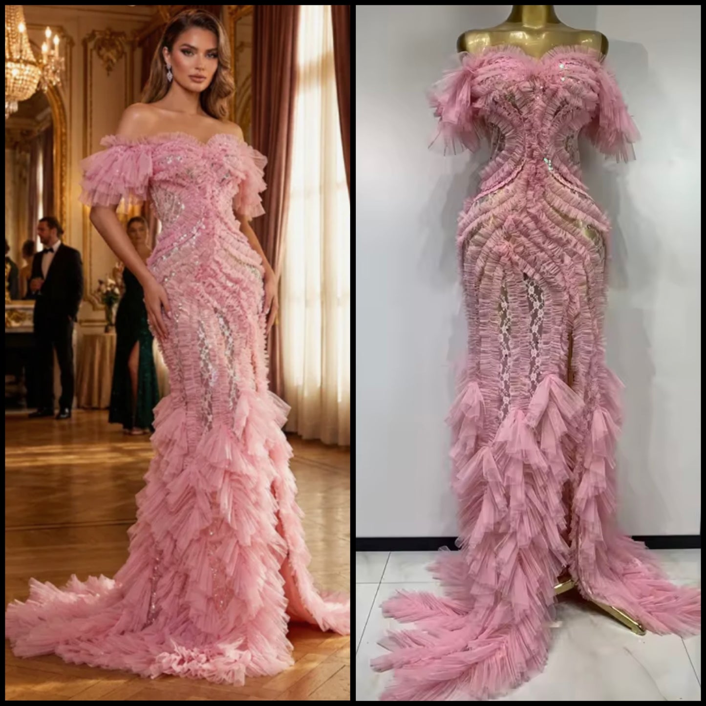 Elegant Ruffled Lace Pink Floor-Length Dress