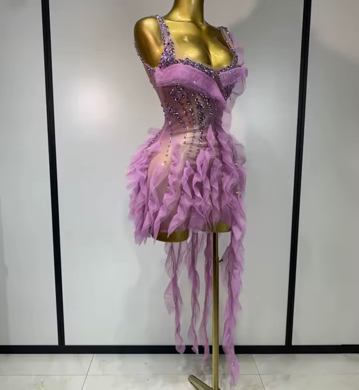 Sexy Sleeveless Lavender Ruffle Rhinestone Tassel Dress