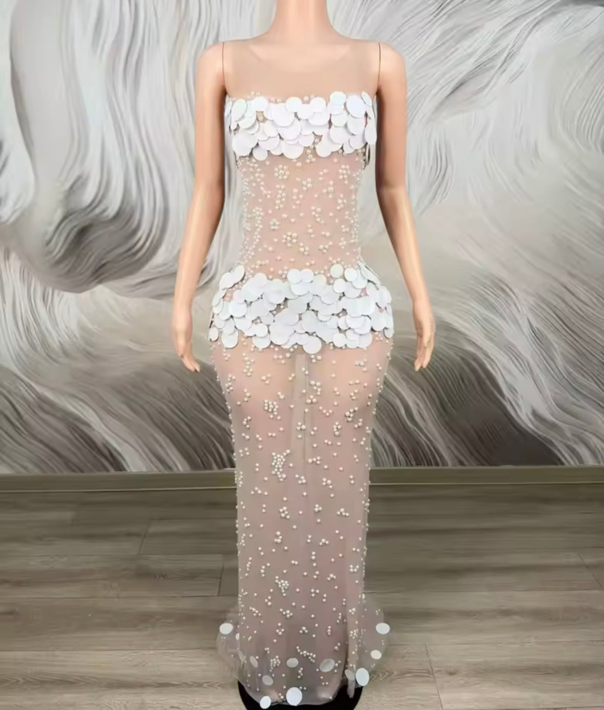 Sexy Sleeveless Sequins Pearl See Through Floor-Length Dress
