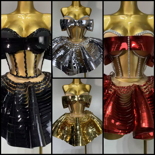 Sexy Bow Strapless Metallic Mesh Rhinestone Two Piece Skirt Set