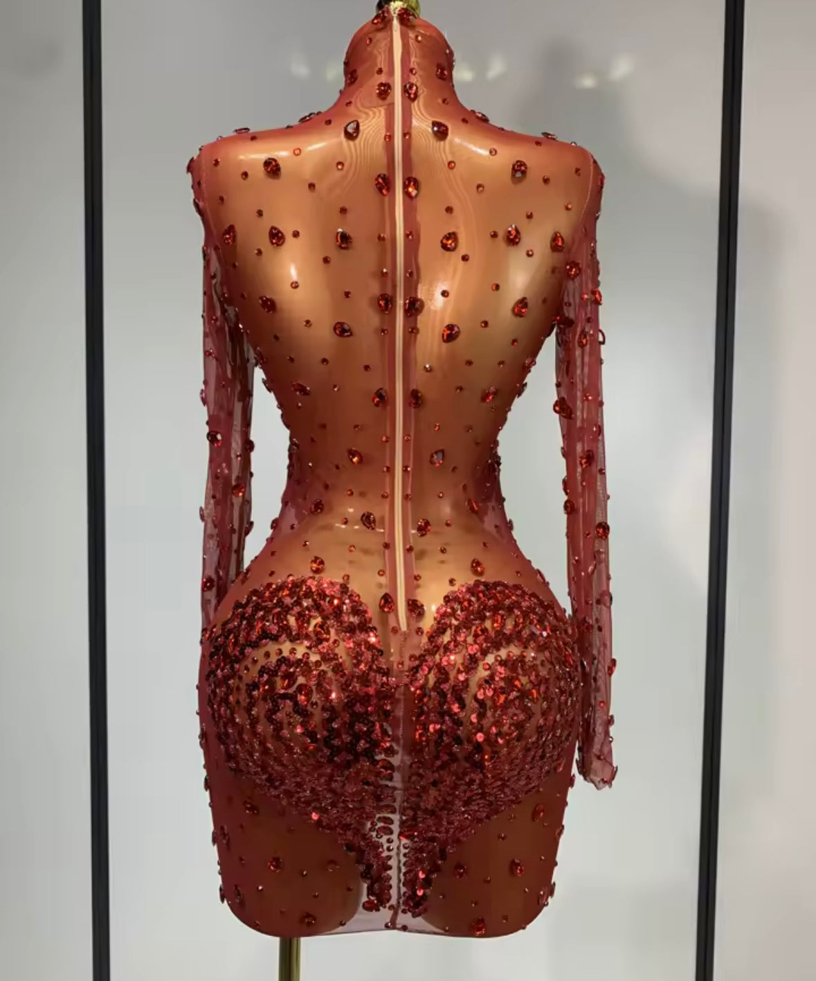 Sexy Sequins Rhinestone Heart Red Full Sleeve Dress