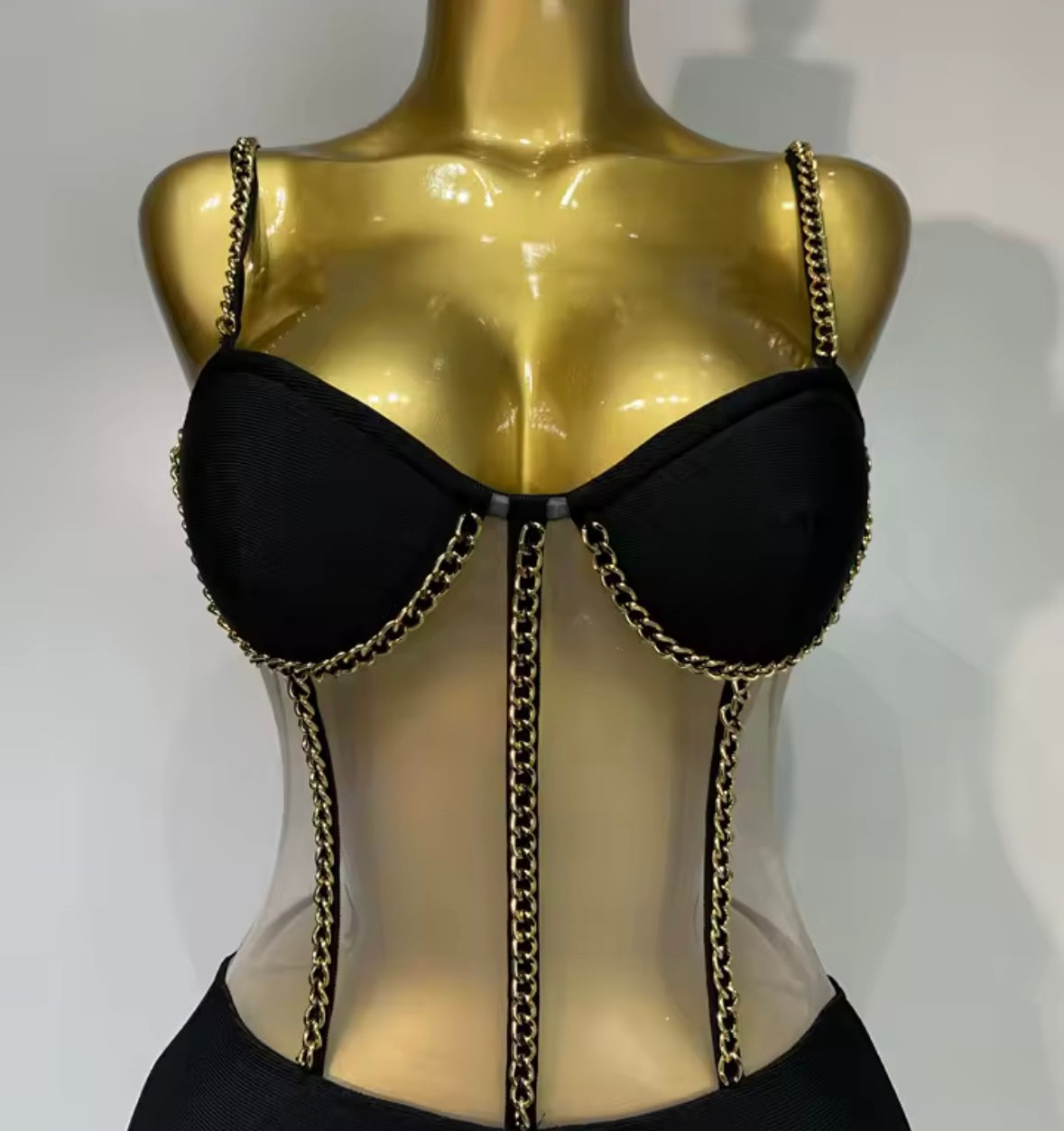 Sexy Chain Sleeveless Black Mesh Patchwork Jumpsuit