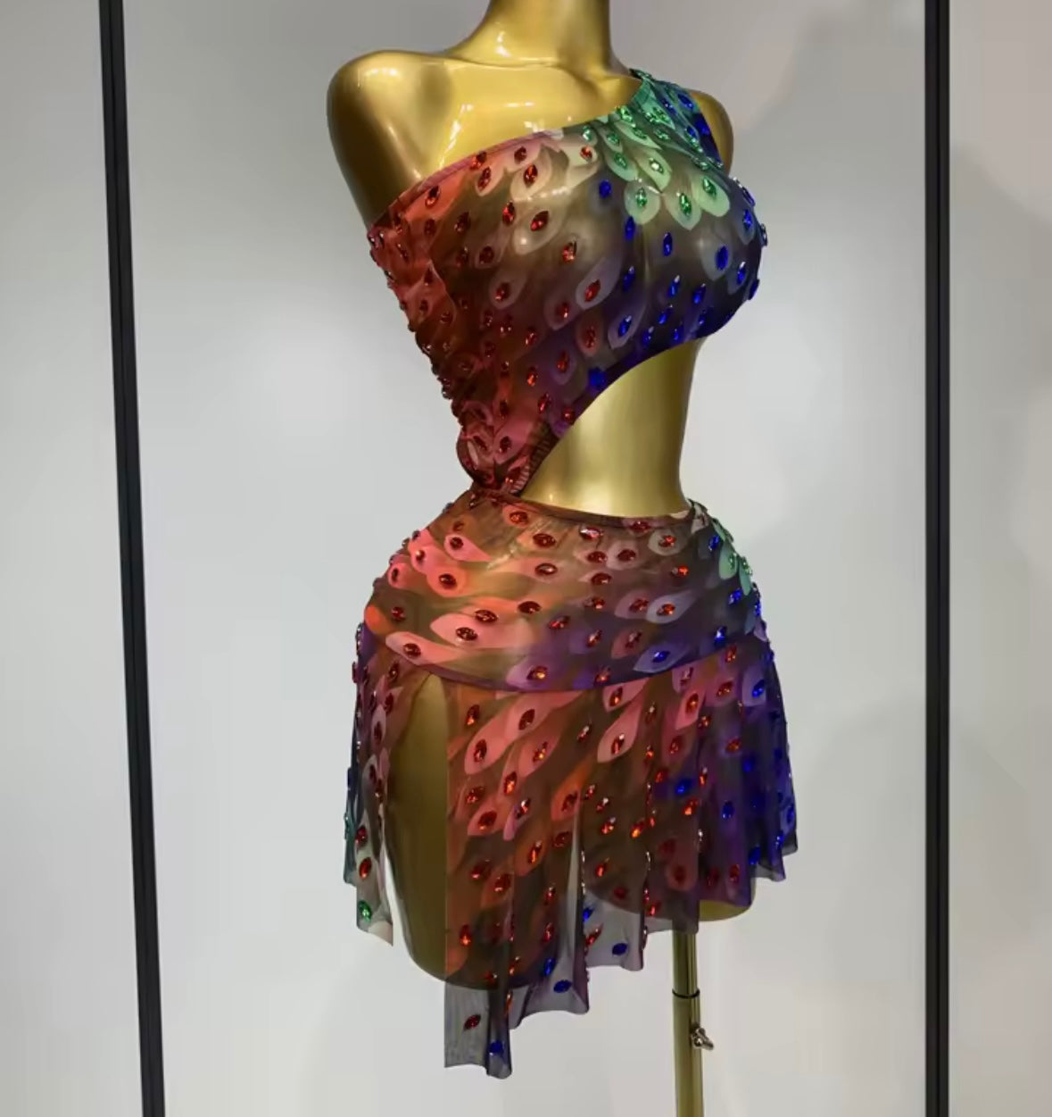 Sexy One Shoulder Sleeveless Colorful Crystal See Through Dress