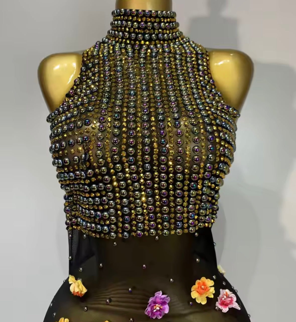Sleeveless Black Rhinestone Floral Embellishment Maxi Dress