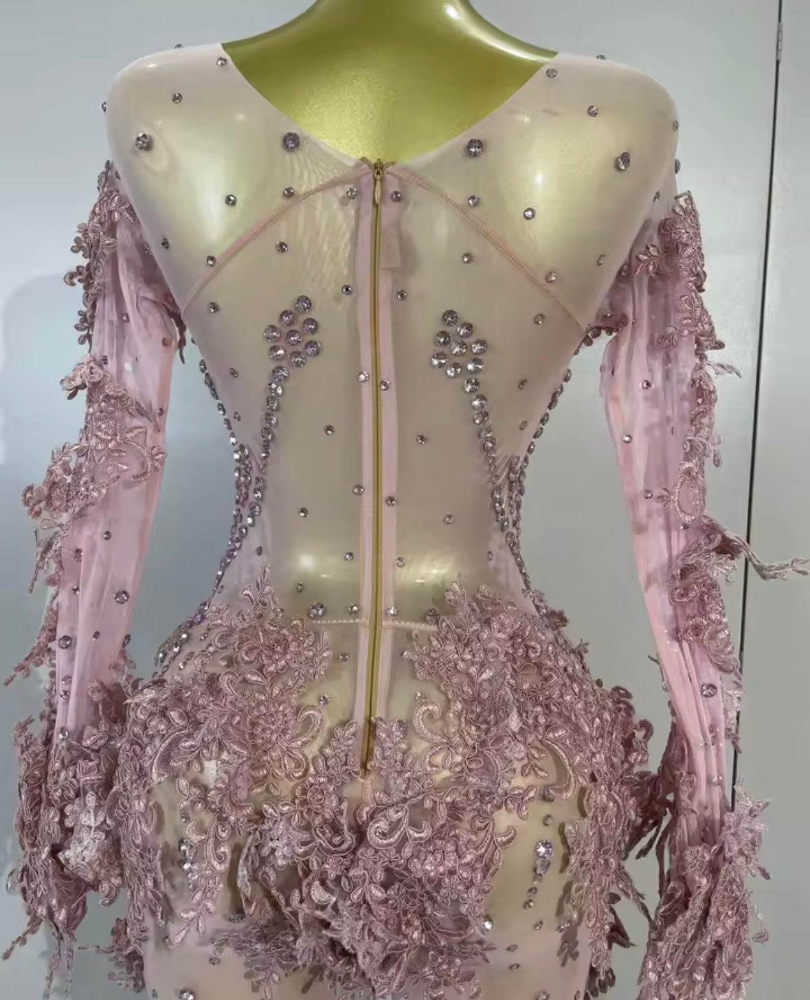Pink Floral Lace Rhinestone Full Sleeve See Through Jumpsuit