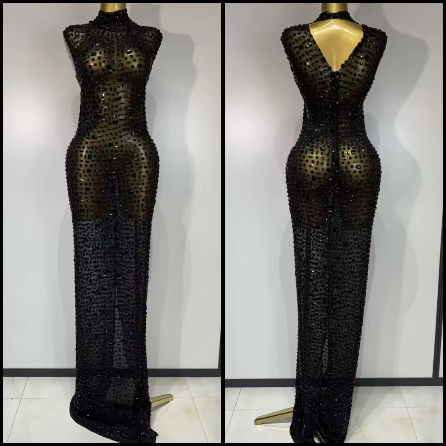 Black Elegant Sleeveless Crystal See Through Floor-Length Dress