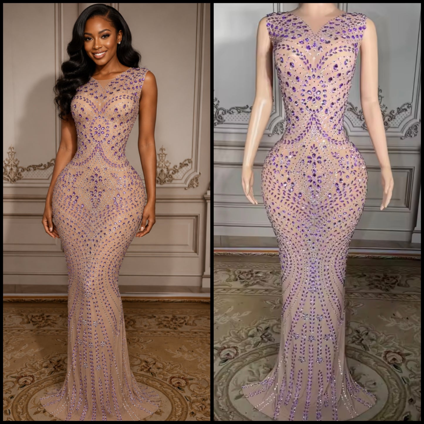 Sexy Sleeveless Purple Rhinestone Maxi Dress