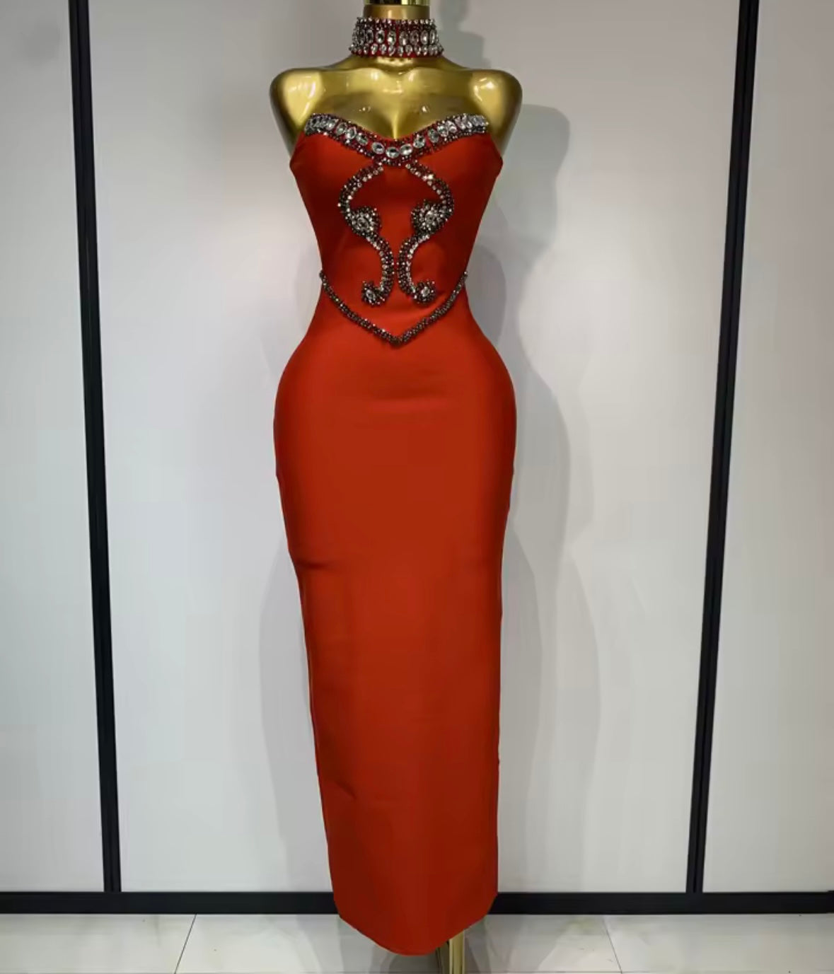 Beaded Rhinestone Choker Strapless Elegant Maxi Dress