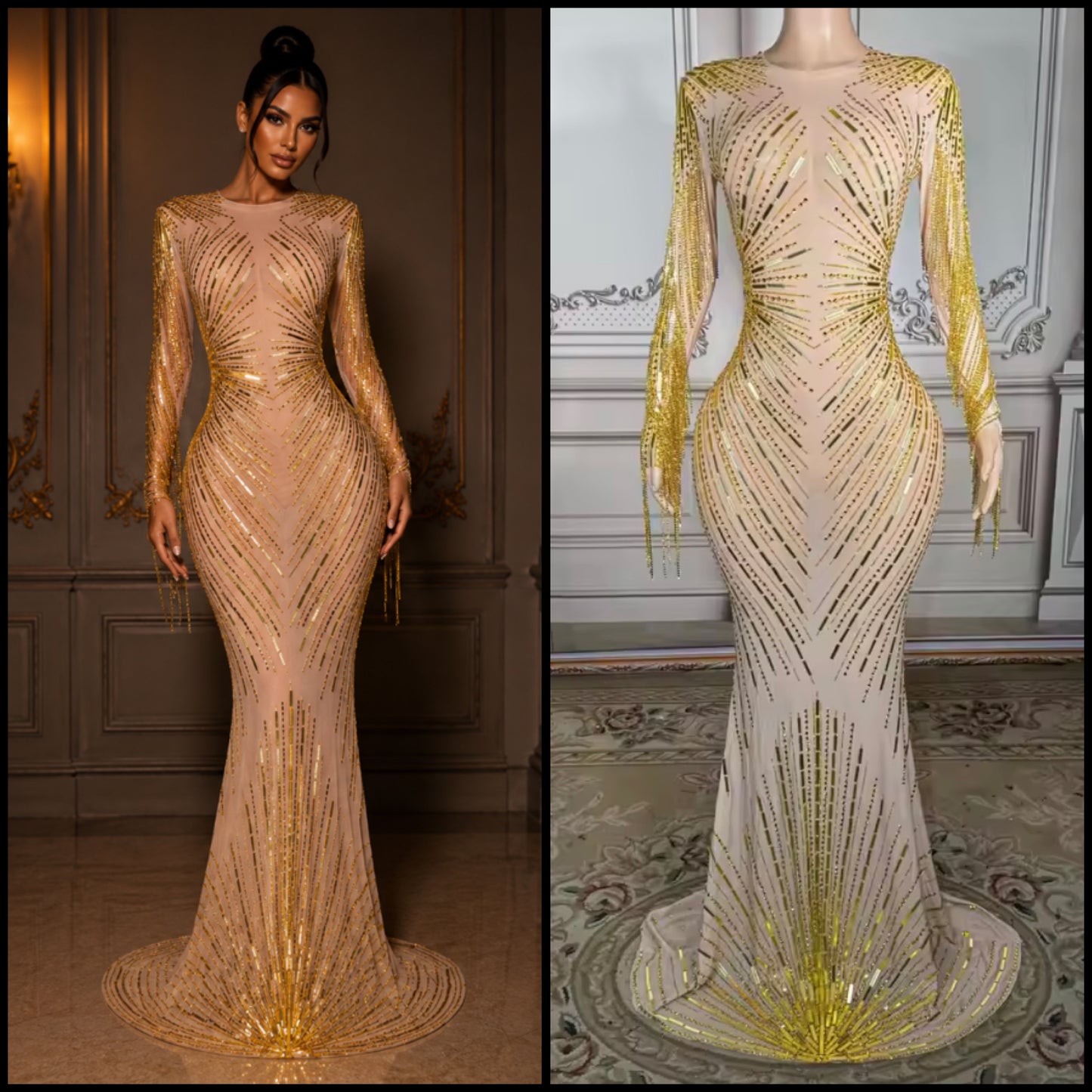Rhinestone Embellishment Full Sleeve See Through Maxi Dress