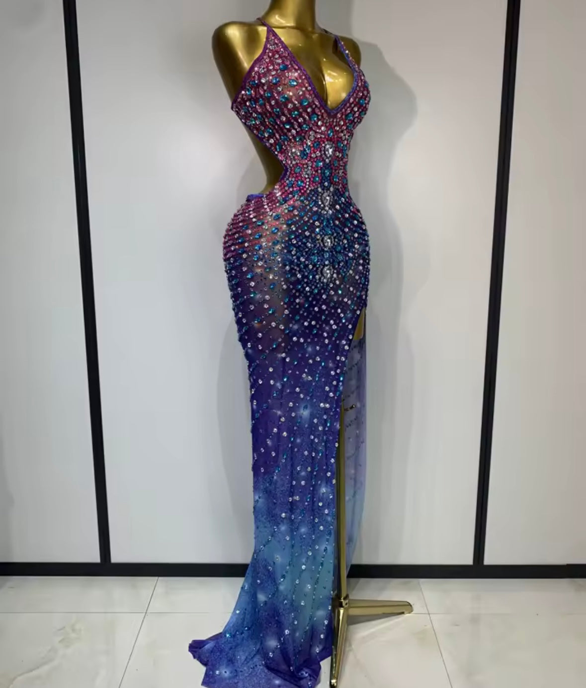 Multicolored Sexy Halter Open Back Rhinestone Side Split Maxi Dress