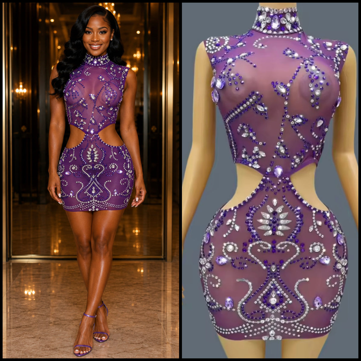 Purple Sleeveless Rhinestone Embellishment Sexy Dress