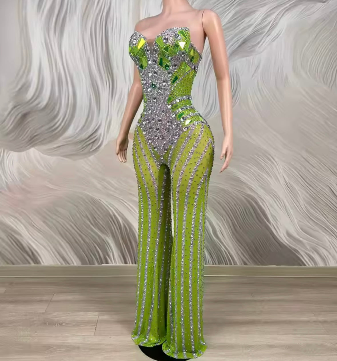 Green Sexy Sleeveless Rhinestone See Through Jumpsuit