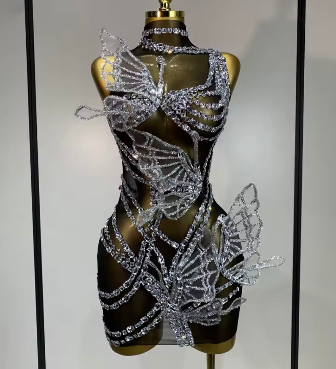Sexy Black Sleeveless See Through Crystal Butterfly Dress