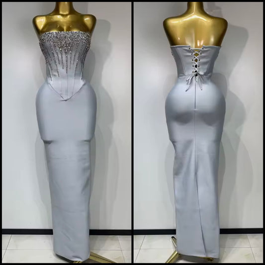 Elegant Light Gray Rhinestone Strapless Corset Maxi Dress
