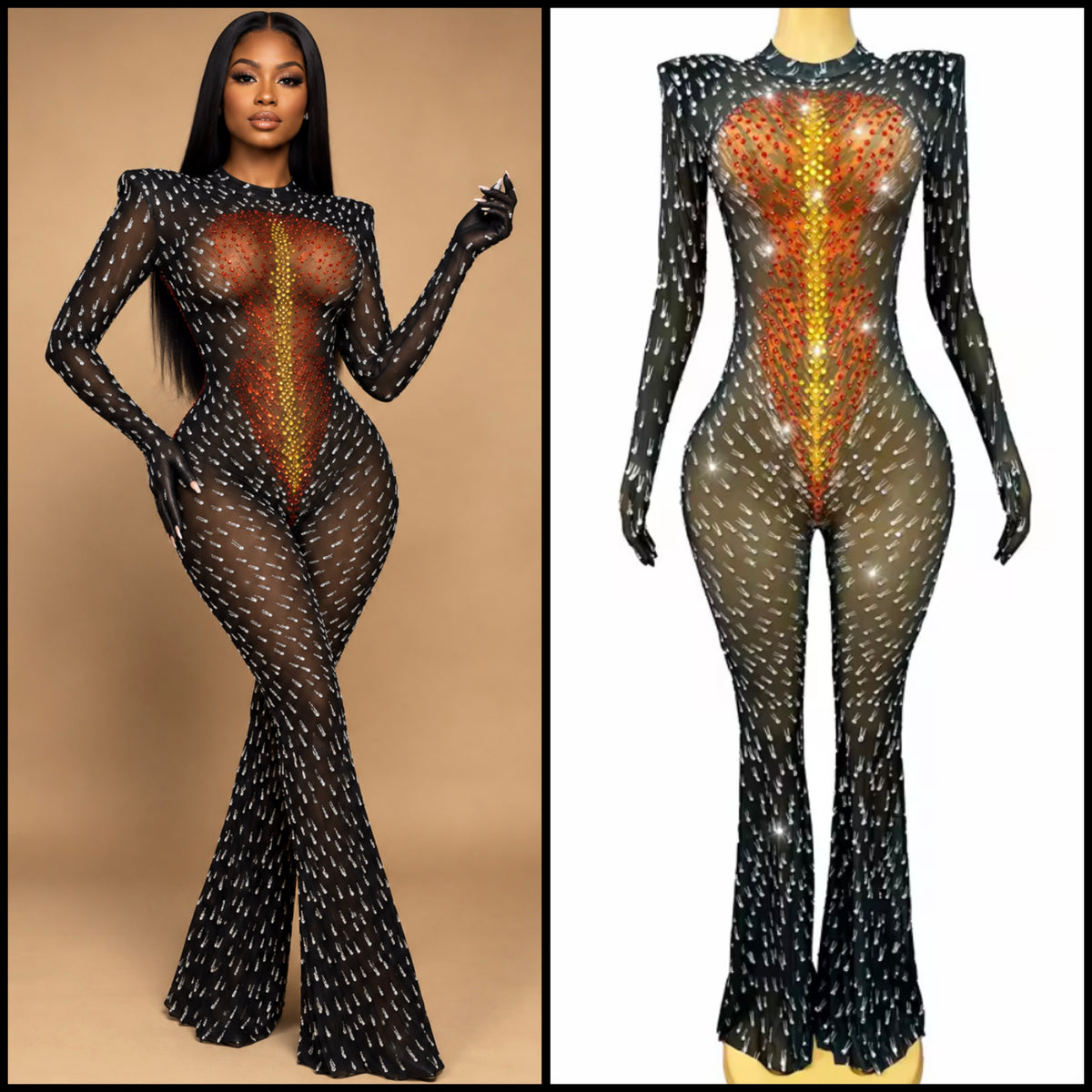 Sexy Rhinestone Glove Full Sleeve See Through Jumpsuit