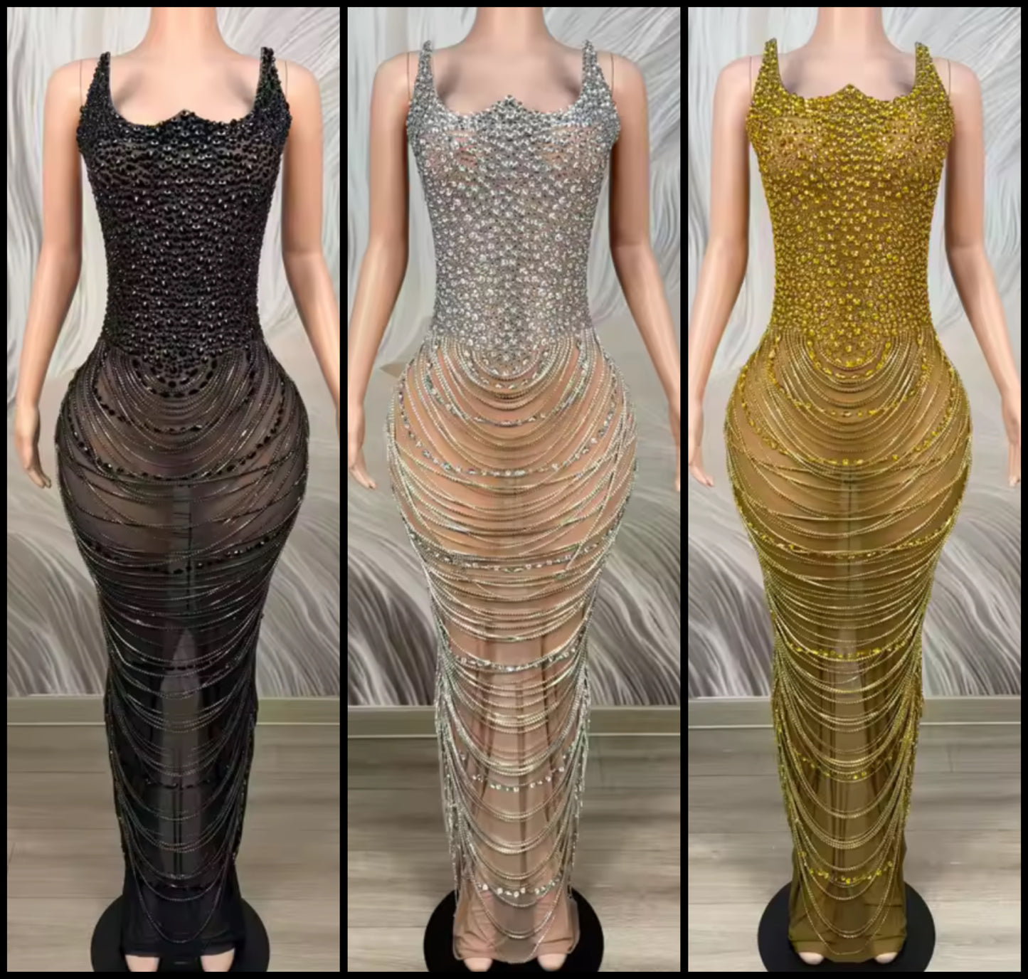 Sexy Rhinestone Strapless Chain Tassel Maxi Dress