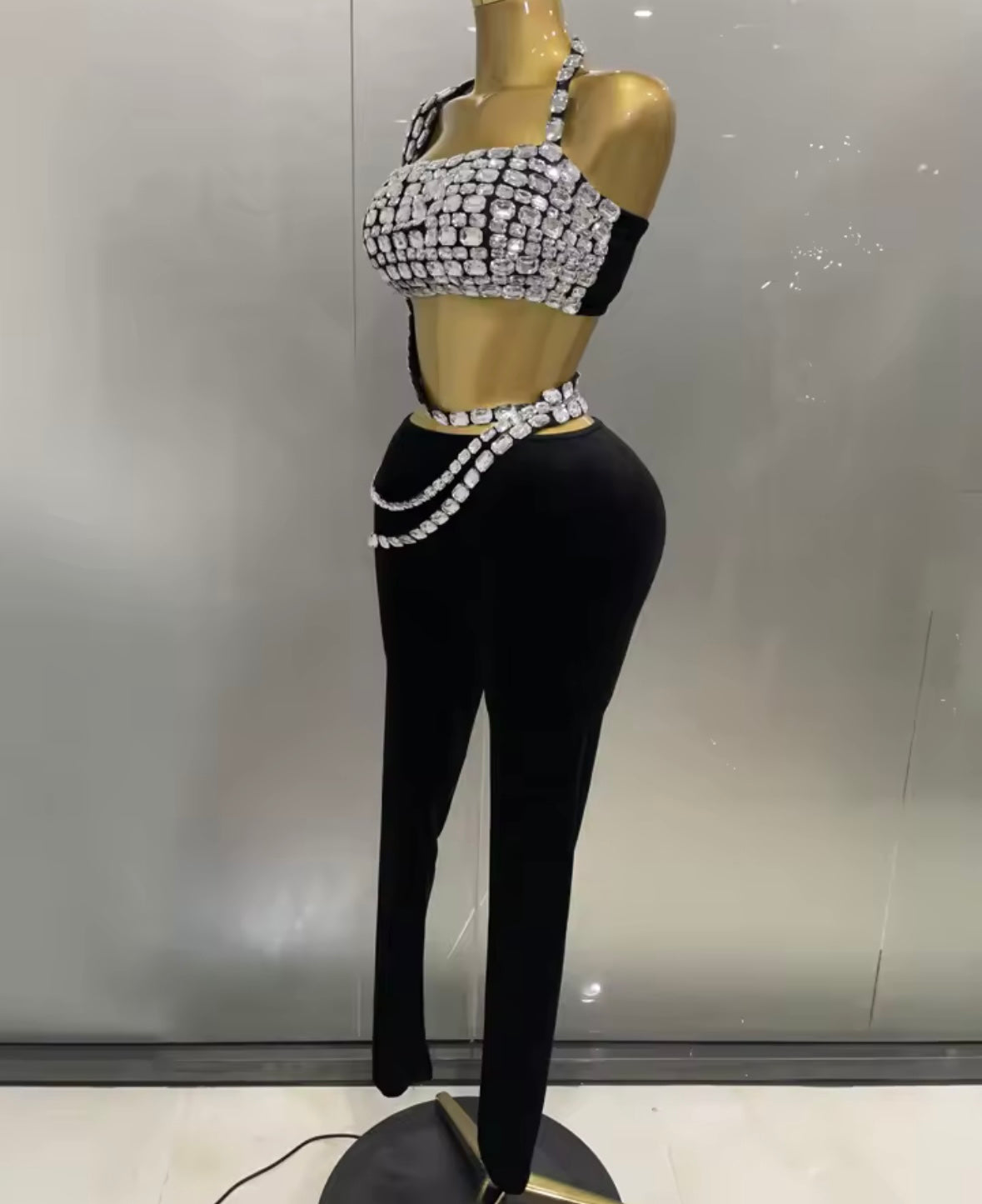 Black Crystal Halter Sleeveless Sexy Pant Set